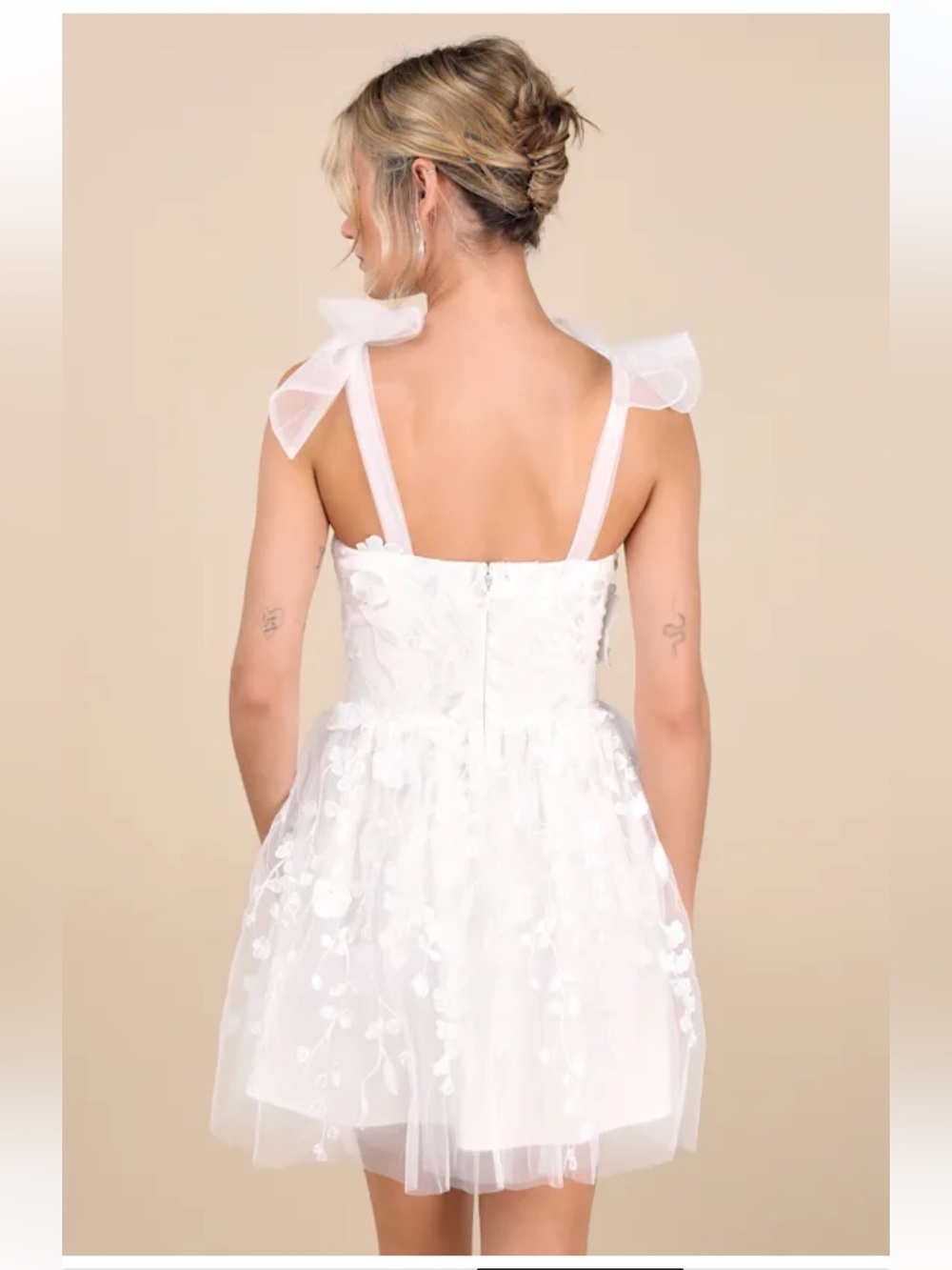Lulus NWT classic romance white 3D floral appliqué tie strap mini dress feminine - Picture 3 of 15